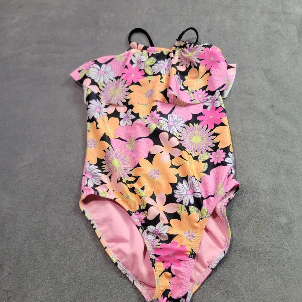Wonder Nation‎ Girls Floral One Piece Swimsuit Ruffle Pink Orange Black Size 7-8